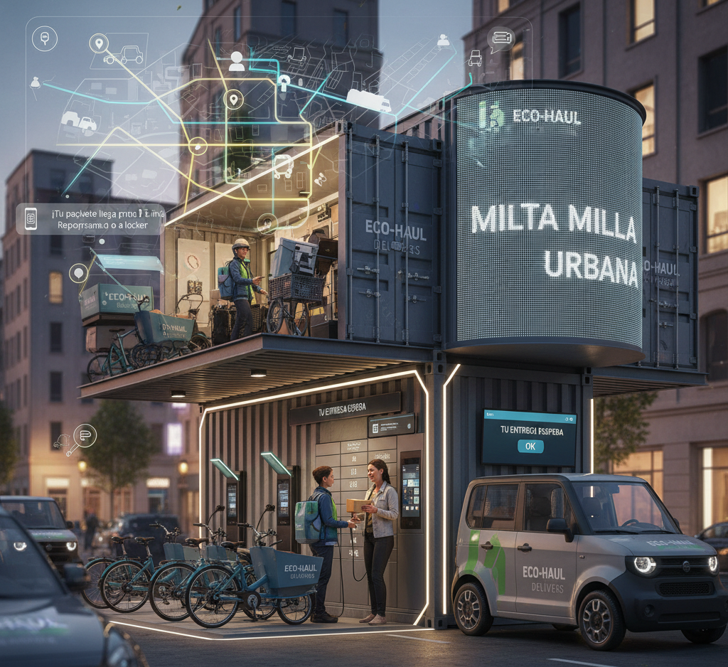 operario de última milla entregando paquete en zona urbana iluminada